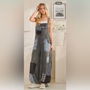 #183 Oli & Hali New Blue and Gray Patchwork Overalls